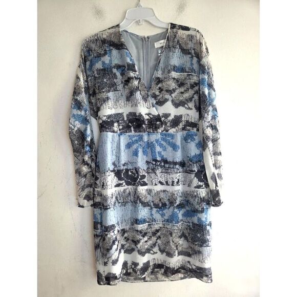 Reiss Women "Valetta" Blue Grey Moonlight Print V-Neck Faux Wrap Dress size 12 - Picture 2 of 9
